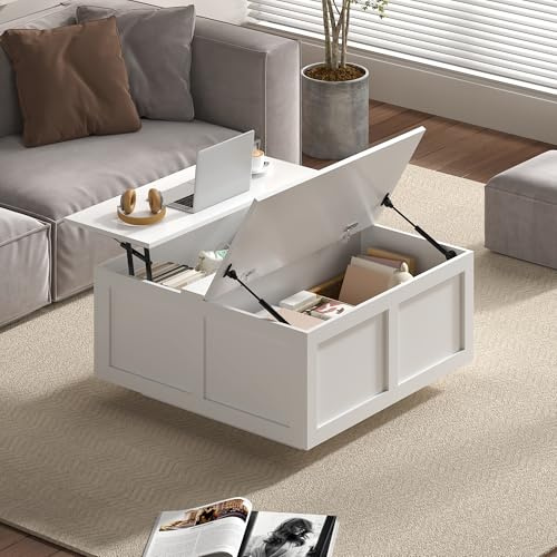 KEEPREAPER Couchtisch Wohnzimmertisch höhenverstellbar Matt Weiß | Kaffeetisch, aufklappbarer Tischplatte, Gaszylinder, verstecktes Fach, für Wohnzimmer, Homeoffice, (40-54) x 78 x 78cm