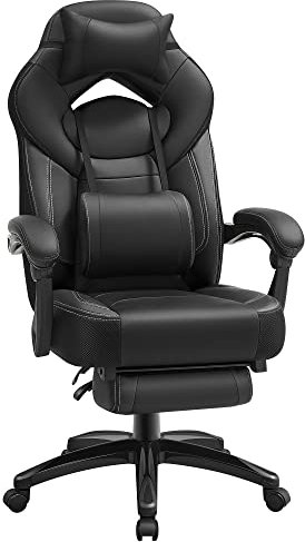 SONGMICS Gaming-Stuhl, Bürostuhl, Computerstuhl, ergonomisches Design, mit Fußstütze, verstellbares Kopfkissen, Lendenkissen, Tragkraft 150 kg, schwarz OBG077B01