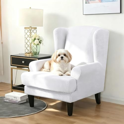 PETCUTE Ohrensessel husse ohrensessel bezug Stretch sesselhussen Sessel bezug husse für ohrensessel Reines Weiß