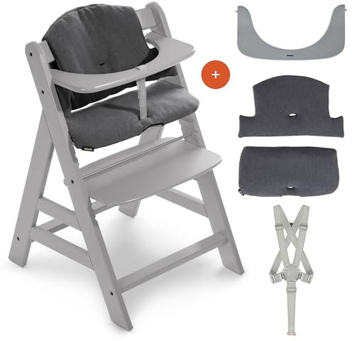 hauck Hochstuhl Alpha+ - Mitwachsender Holz-Kinderhochstuhl, höhenverstellbar, mit Sitzkissen, Schutzbügel & Gurt ab 6 Monaten - Grau