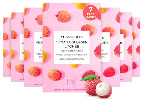 Vitamasques Korean Collagen Face Mask - Hydrating & Moisturizing Korean Sheet Mask with Lychee & Hyaluronic Acid - Vegan Facial Skincare for Firming, Plumping & Skin Care - 7 Pack