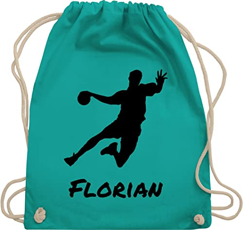 Turnbeutel Rucksack - Geschenke Handball Zubehör - Handballer Silhouette mit Name - Unisize - Türkis - für handballtasche von persönlich beutel handballrucksäcke wm personalisiertes turnsack