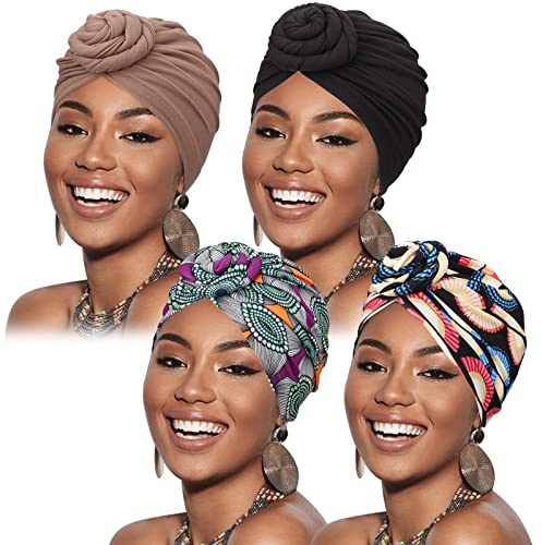 DRESHOW 4 Pezzi Donna Africana Turbante Sciarpa Avvolge Testa Boho Turbante Elastico Annodato Berretto Pre-annodato Berretto Chemio Cappello