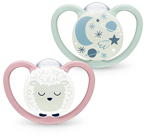 NUK Space Night Babyschnuller | 18-36 Monate | Im Dunkeln leuchtende Schnuller mit zusätzlichen Öffnungen für sensible Haut | BPA-freies Silikon | Schaf | 2 Stück