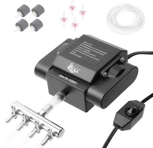 AQQA Aquarium Luftpumpe,Leistungsstarker 4 Ausgänge Aquarium Sauerstoffpumpe,10W Regelbare Sauerstoffpumpe für Aquariums,Leise Aquariums Belüfterpumpe mit komplett Zubehör,bis zu 2200L
