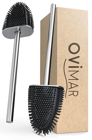 ovimar Ersatzbürste Omofyr | Set 2 Stiele und 2 Bürstenköpfe | Silber | Griff aus Edelstahl | Klobürste mit Silikon Bürstenkopf | Toilettenbürste Flache WC Bürst