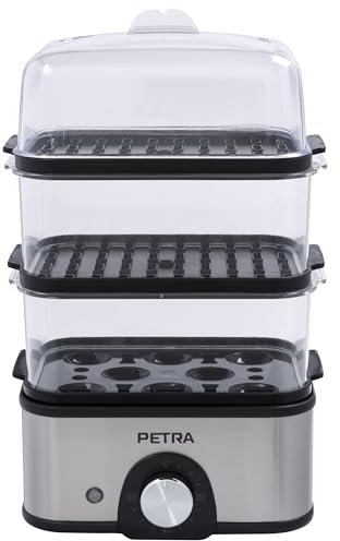 Petra PT5885VDE Elektrischer Dampfgarer – 3-stufiger kompakter Gemüsedampfer und Eierkocher, 60-Minuten-Zeitschaltuhr, 3 l Kapazität, abnehmbare Dampfaufsätze, für Fische, Knödel, BPA-frei, 500 W