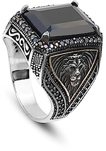 Jewellery Pit - Bague de Lion en Pierre d'Onyx - Bague Hommes 925 en Argent Sterling, Style Millésime Fait Main avec Chiffon de Nettoyage en Argent (65)