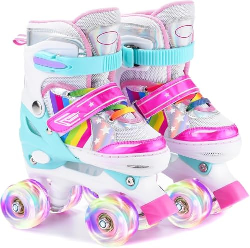 ERNAN Roller Enfant Filles et Garçons,Patin a Roulette Enfant 4 Taille Réglable, Roller Quad avec 8 Roues Lumineuses. Patins à roulettes pour Enfants pour débutants (Rainbow B, S)