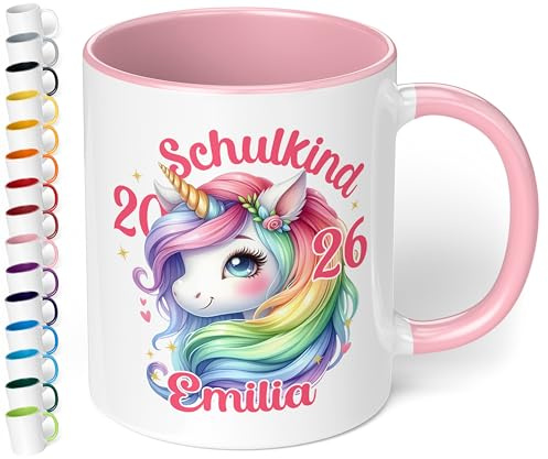 True Statements „Schulkind 2025“ Geschenk zur Einschulung für Mädchen: Keramik-Tasse - EINHORN pastelle Mähne - 330ml - personalisiert mit Namen Erstklässler Schüler 1. Klasse, Rosa