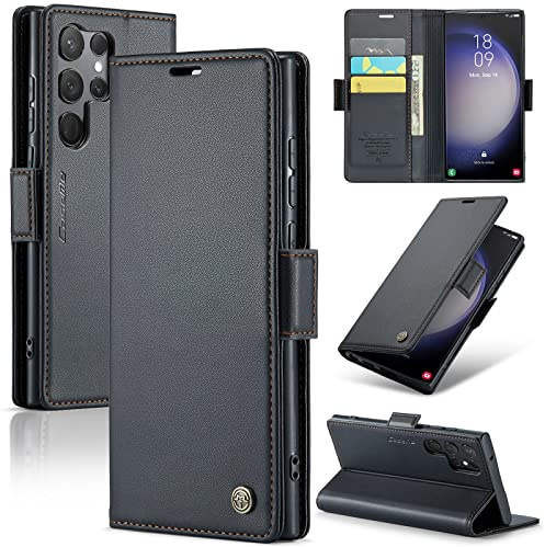 Rerzoiro Handyhülle für Samsung Galaxy S23 Ultra Hülle, Premium PU Leder Klapphülle RFID Schutzhülle Magnet Kartenfach Standfunktion Flip Wallet Tasche Case Kompatibel Samsung S23 Ultra, Schwarz