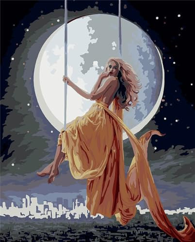 Moon Swing Woman Paint by Numbers Kit for Adults,with Brushes and Acrylic Pigment Paint by Number Kits,DIY with Frame 45x60cm Oil Painting for Beginners Canvas Art Craft Home Wall Decor Gift