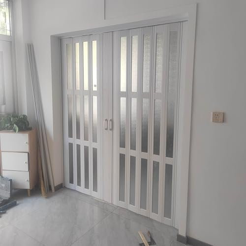 JYHHCYS Bi-fold PVC Waterproof Folding Door, 75 80 85 90 95 High White Room Divider Sliding Door with Handles, Frosted Acrylic Folding Gate Screen for Internal(77x90in(196x229cm))