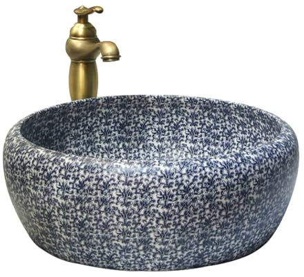 YYUINU Lavandino da Bagno, Lavabo da Appoggio, Lavabo in Ceramica Blu e Bianco in Stile Neocinese Semplice,Diameter 40cm