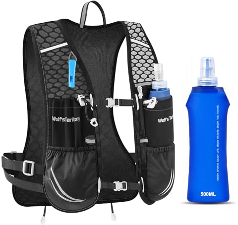 JUOIFIP Zaino Trail Running per Uomo e Donna, Zaino da Corsa, Gilet da Corsa Riflettente Traspirante, Gilet Running con Borraccia Morbida 500ml per Outdoor, Maratona, Alpinismo, Ciclismo