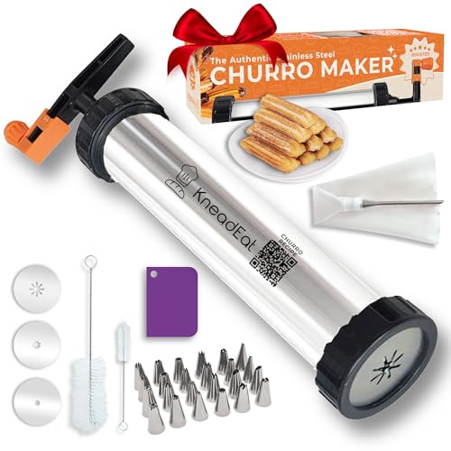 KneadEat Churro Maker Kit mit Booster-betriebenem Griff Churrera Spritzbeutel Churro-Filler Einfacher QR-Rezept zum Zubereiten und Befüllen eigener Churros zu Hause - Cookie Churro Maker (S. Steel.)