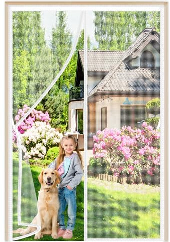 Magnetic Door Curtains Fly Screen 105x220cm Magnetic Anti Mosquito Net Fly Screen Mesh Curtain with Powerful Magnets Full Frame Magic Tape for Patio Sliding French Door White