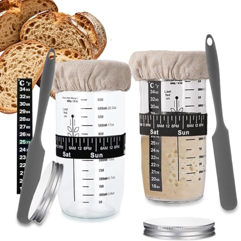 Hniuyun 2Pack Sourdough Starter Kit with Thermometer & Scraper - 650ml Wide Mouth Glass Jar, Reusable Baking Supplies with Cloth Cover & Metal Lid