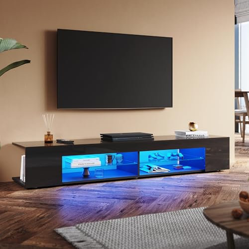 SUNXURY Meuble TV noir brillant 180 cm avec éclairage LED 180 x 39 x 30 cm (l x p x h) - Meuble TV moderne avec étagère en verre de 5 mm - Meuble TV bas en bois pour salon
