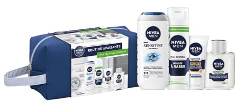 NIVEA MEN - Trousse Sensitive - Gel Douche 3-en-1 (250 ml) + Mousse À Raser (200 ml) + Baume Après-Rasage (100 ml) + Crème Visage FPS 15 (75 ml) - Routine Apaisante Corps & Visage - Peaux Sensibles