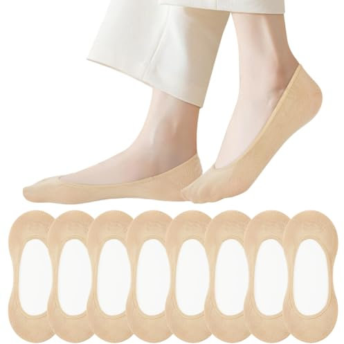 OFFCUP No Show Socks Women, 8 Pairs Ladies Invisible Sock, Non Slip Ultra Low Cut Liner Boat Loafer Sock, Cotton Breathable Footsies Shoe Socks for Loafers Flats Pumps Trainers UK 4.5-7 (Skin)