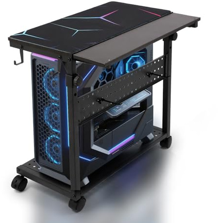 KEBE Wider Tower Stand, Height Adjustable Computer Tower for Gaming Home Office, 2-Tier PC Stand Printer Rack ATX-Case CPU Holder Cart with Wheels & Mouse Pad, Black