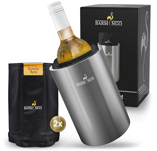 BARMINGO Weinkühler Edelstahl mit 2 Kühlakkus – Getränkekühler & Flaschenkühler für Wein, Sekt, Champagner | Sektkühler doppelwandig mit Kühlmanschetten | Wine Cooler Set | Silber