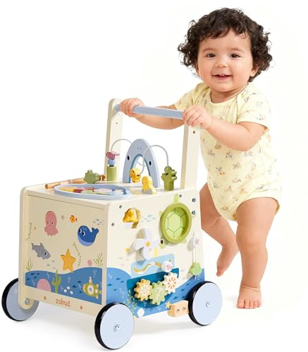 Wooden Baby Walker Push Toy for Toddlers 10M+ | Adjustable Height & Speed Control | Montessori Activity Center with Fishing Game, Music, Storage | Ocean World Theme Learning Walking Toy
