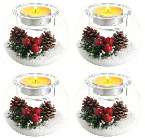 YYSWSAKY Teelichthalter Weihnachten, 4er Set Teelichtgläser Klein aus Klarem Glas, Weihnachtsdeko Kerzenhalter mit Roten Beeren Tannenzapfen, Weihnachts Teelichtglas für Party Heim Deko Tischdeko