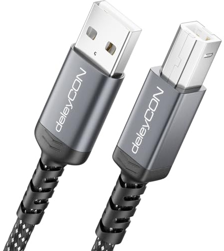 deleyCON Câble Imprimante USB-B (5m pour Printer, Scanner, MIDI) USB-B vers USB-A, Câble pour Imprimante Tressé + Connecteurs Métalliques pour HP Samsung Epson Dell Lexmark Brother Canon