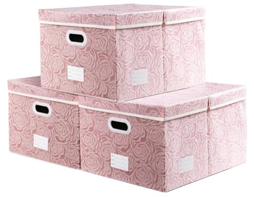 PRANDOM Aufbewahrungsbox mit Deckel Groß,Rosenmuster Stoff Aufbewahrungskörbe,Dekorative Stapelboxen,Würfel,Faltbare Organizer,Boxen,Behälter,Rosa(3 Stück) 58x40x30cm,Schlafzimme,Schrank