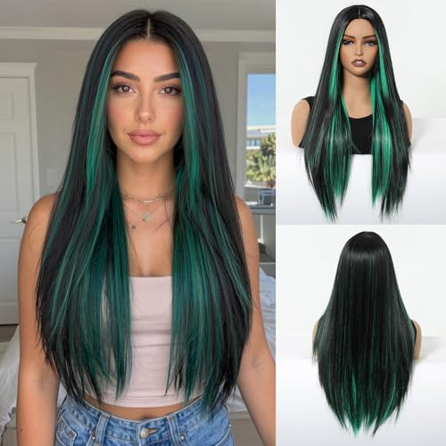 EMMOR peluca larga y recta para mujeres, pelucas con capas y parte media, 26 pulgadas de cabello sintético natural resistente al calor para uso diario, fiestas y cosplay (peluca negro & verde)