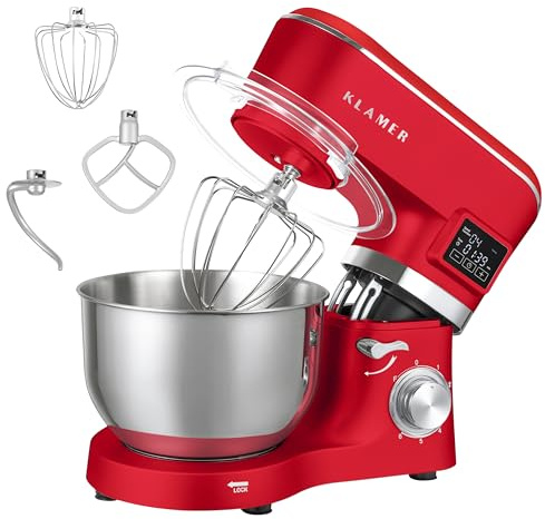 KLAMER Classic Küchenmaschine 1400 W mit 5,5 L Edelstahlschüssel | Knetmaschine mit planetarischem Rührwerk verarbeitet schwere Brotteige mühelos, arbeitet gleichmäßig mit Fermentierfunktion