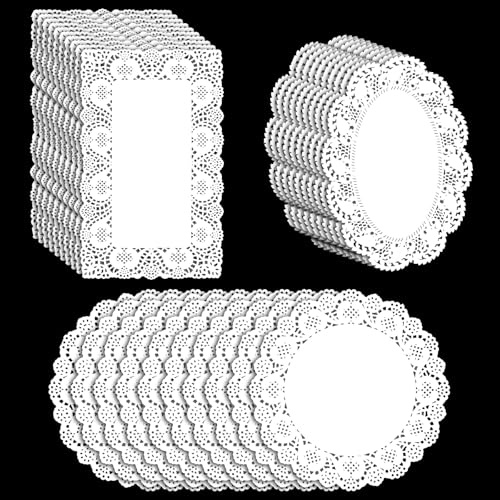150 Stück Große Rund Papierdeckchen, Oval und Rechteckig, Tortenspitze Papier Spitze Papiermatten, Tischsets für Kuchen, Hochzeit, Geburtstagsfeier, Geschirrdekoration, Disposable Lace Doilies Paper