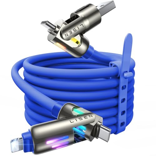 LISEN 4 in 1 Multi Ladekabel, Universal Ladekabel Mehrfach Anschlüsse mit USB C/A/Lightning, 240W USB C Schnellladekabel mit Licht für iPhone 17 16 15 14 Pro/MacBook/iPad/Samsung S25, Marineblau