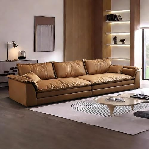 Medeltida italiensk enkel brun lädersoffa, rymlig och mjuk soffa med massiv träram, modern stor storlek, lämplig för vardagsrum/kontor/lägenhet.