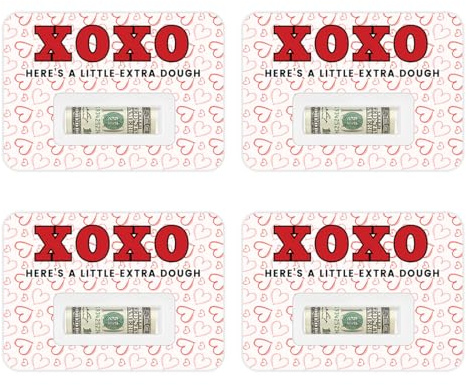Andaz Press 4 Pack Valentines Money Holder Gifts, Valentine Money Card With Cash Slot Plastic Dome, XOXO Here's A Little Extra Dough Funny Happy Valentines Gift For Him Or Her, 5x7 inch