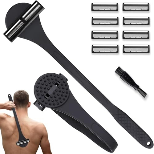 SmartB Rasoir pour le dos 2 en 1 avec brosse de nettoyage de massage - Rasoir manuel en acier inoxydable - Poignée flexible - Humide/sec - Avec 8 lames de rechange - Noir