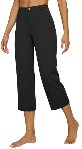 Pantaloni capri casual da donna con bottoni anteriori, vita alta elasticizzata, tasche laterali profonde e orlo alla caviglia, leggeri e traspiranti per yoga, pilates e tempo libero estivo (Black, L)