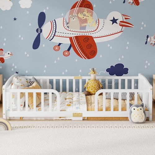 I0I&I0I Kinder Bodenbett Mit Schutzgitter Aus Kiefernholz, Montessori Bett Mit Mittigem Einstieg Für Kinderzimmer Schlafzimmer (White + Pine)