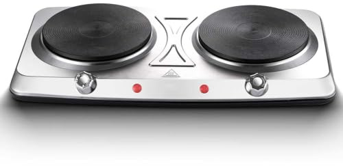 Fornello Elettrico Doppio Portatile 2000 W Con Due Fuochi E Termostati Regolabili, Piastra Da Tavolo In Acciaio Inox Per Cucina, Viaggi, Studentato, Campeggio E Casa Vacanze,Silver-43 * 23 * 8cm
