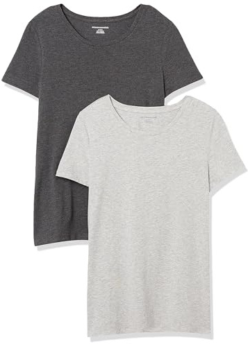 Amazon Essentials Damen Kurzärmliges Regular-Fit-T-Shirt (Varianten mit Rundhalsausschnitt und V-Ausschnitt), Pack of 2, Dunkelgrau Meliert/Hellgrau Meliert, XL