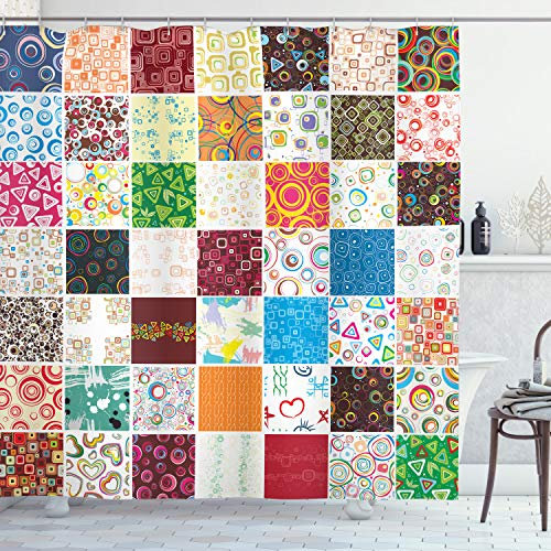 ABAKUHAUS Bunt Duschvorhang, Patchwork Retro Style, Stoffliches Gewebe Badezimmerdekorationsset mit Haken, 175 x 180 cm, Orange Mehrfarbig