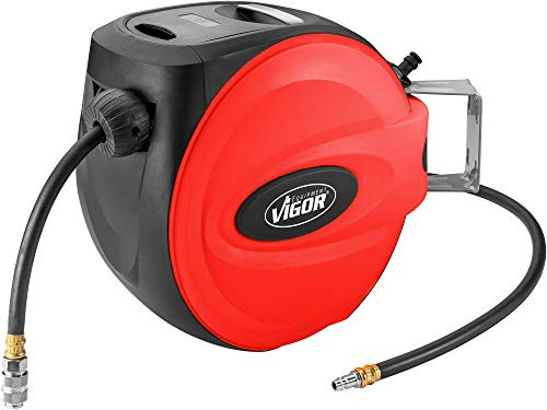 VIGOR Schlauchaufroller, V7143-10, 15 m, Druckluftadapter vorinstalliert | 6320 g, 15 m, Reduziert Unfallgefahr, da kein Schlauch herumliegt, Wandhalterung: 180° schwenkbar, Hybrid Polymer-Schlauch