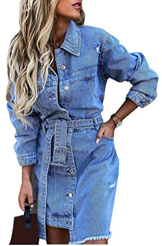 Minetom Vestiti Abito in Jeans Donna Manica Lunga Casual Cappotto Giacca di Jeans Bottoni Camicia Denim Vestito A Blu 46