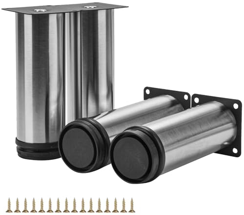 TCHOSUZ 8 inch / 20cm Metal Furniture Legs, Pack of 4 Modern Stainless Steel Round Replacement Feet for Sofa Couch Cabinet TV Stand | Sturdy Anti-Rust Iron,Stainless Steel Finish,Support 400lbs,Pre-drilled Holes & Screws for Fast DIY,Fits Cabinet Sofa Table