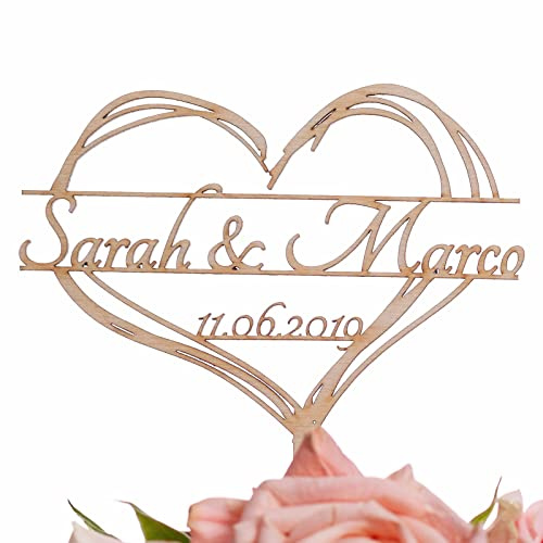 Hochzeitideal - Cake Topper Hochzeit personalisiert 'Nadja' - Kuchen Deko in Holz - individuelle Cake Topper - Hochzeitstorte Deko (Lackiert)