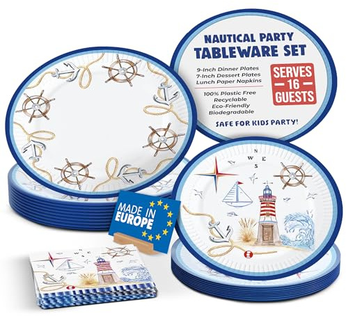 SEASIDE Set di forniture per feste nautiche, piatti da cena e dessert, tovaglioli per il pranzo a tema vita marina, piatti usa e getta ecologici, decorazione per feste nautiche (SERVES 16)