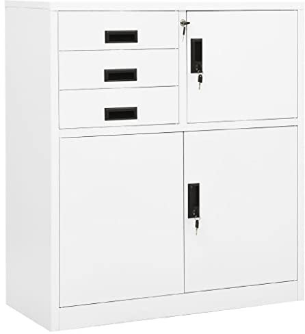 Stahlspind Aktenschrank Metall Spind Aufbewahrungsschrank Schlüsselschrank Abschließbarer Lagerschrank Stahlblech mit Schließfach und 3 Schubladen, Weiß 90x40x102 cm