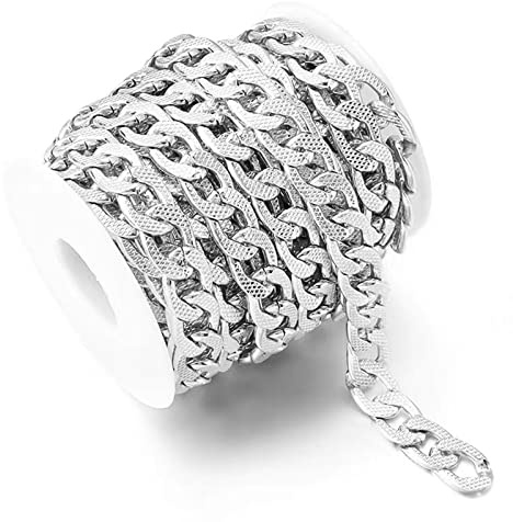 15 fot platta pansarkedjor i aluminium 15 x 10 vridna Miami-kubansk länkkedja, tjock kedja, handväska, kedja, silverpläterad med spole för halsband, smyckestillverkning
